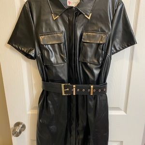 Shiny Black Mini Dress with gold trim and belt